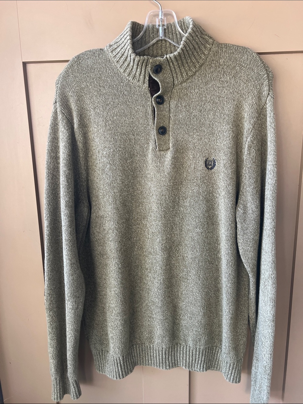 Chaps Sz M Men’s Heather Olive Quarter Button Polo Mock Neck Sweater Cotton